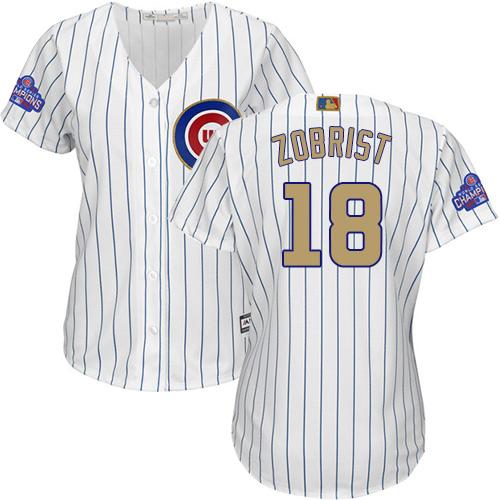 Cubs #18 Ben Zobrist White(Blue Strip) 2017 Gold Program Cool Base Women's Stitched MLB Jersey Cubs #18 Ben Zobrist White(Blue Strip) 2017 Gold Program Cool Base Women's Stitched MLB Jersey