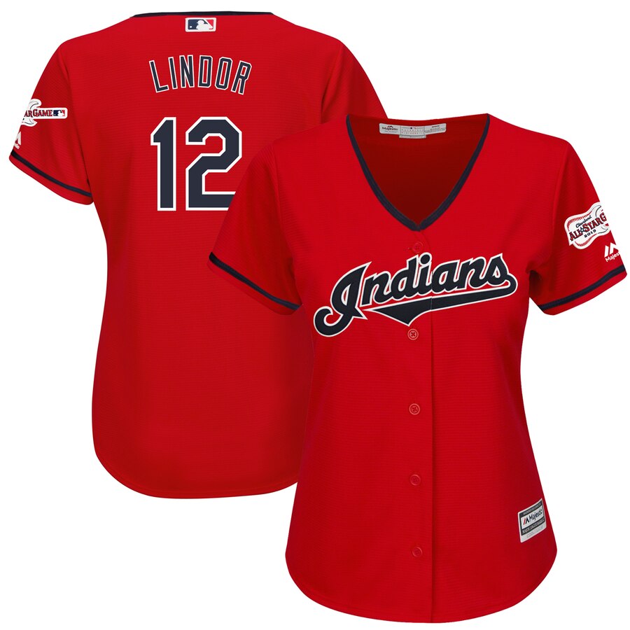 Cleveland Indians #12 Francisco Lindor Majestic Women's Alternate 2019 All-Star Game Patch Cool Base Player Jersey Scarlet Cleveland Indians #12 Francisco Lindor Majestic Women's Alternate 2019 All-Star Game Patch Cool Base Player Jersey Scarlet