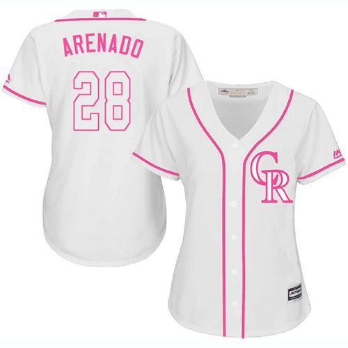 Rockies #28 Nolan Arenado White/Pink Fashion Women's Stitched MLB Jersey Rockies #28 Nolan Arenado White/Pink Fashion Women's Stitched MLB Jersey