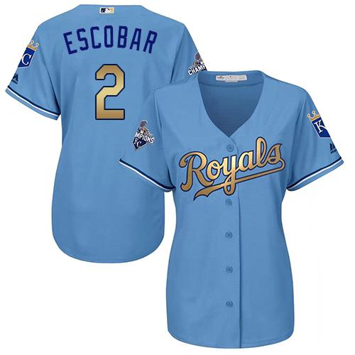 Royals #2 Alcides Escobar Light Blue Women's 2015 World Series Champions Gold Program Cool Base Stitched MLB Jersey Royals #2 Alcides Escobar Light Blue Women's 2015 World Series Champions Gold Program Cool Base Stitched MLB Jersey