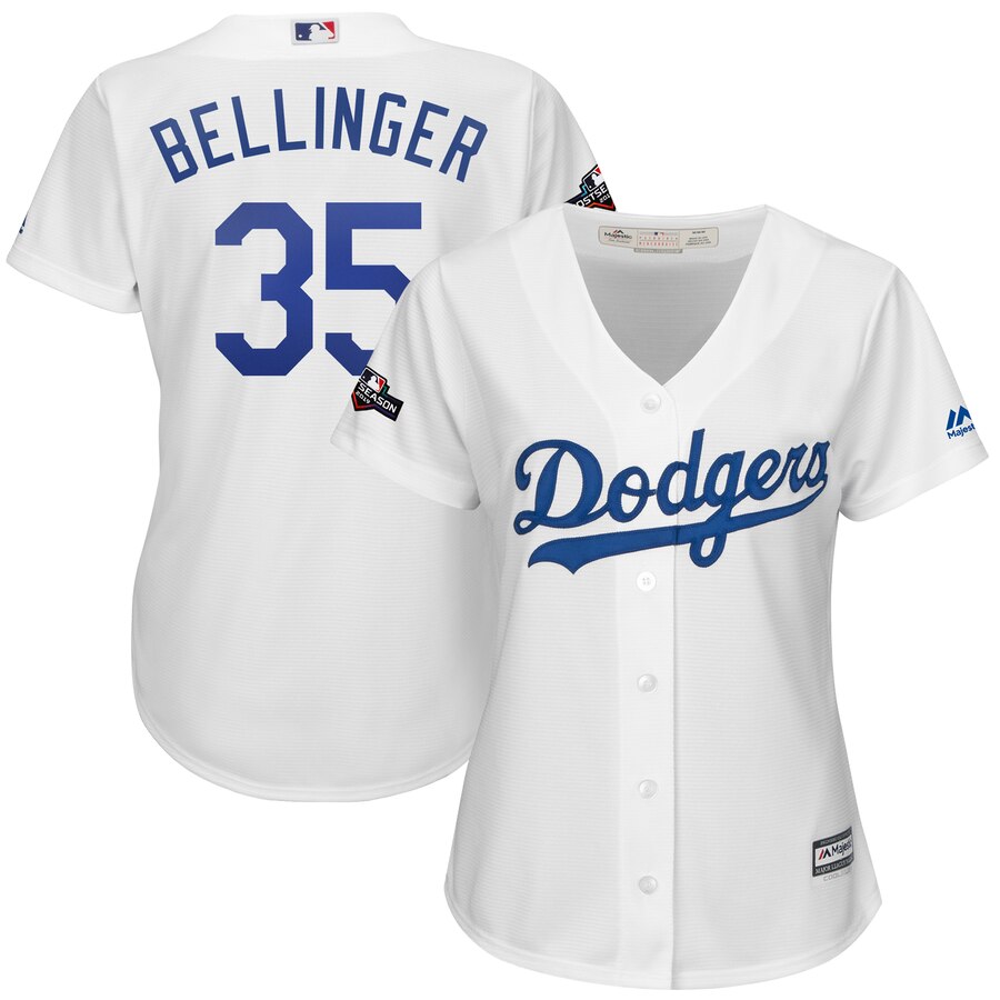 Los Angeles Dodgers #35 Cody Bellinger Majestic Women's 2019 Postseason Home Official Cool Base Player Jersey White Los Angeles Dodgers #35 Cody Bellinger Majestic Women's 2019 Postseason Home Official Cool Base Player Jersey White