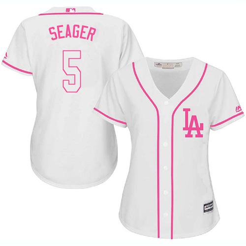 Dodgers #5 Corey Seager White/Pink Fashion Women's Stitched MLB Jersey Dodgers #5 Corey Seager White/Pink Fashion Women's Stitched MLB Jersey