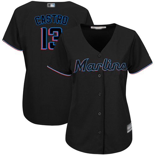 Marlins #13 Starlin Castro Black Alternate Women's Stitched MLB Jersey Marlins #13 Starlin Castro Black Alternate Women's Stitched MLB Jersey