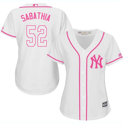 Yankees #52 C.C. Sabathia White/Pink Fashion Women's Stitched MLB Jersey Yankees #52 C.C. Sabathia White/Pink Fashion Women's Stitched MLB Jersey
