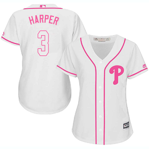Phillies #3 Bryce Harper White/Pink Fashion Women's Stitched MLB Jersey Phillies #3 Bryce Harper White/Pink Fashion Women's Stitched MLB Jersey