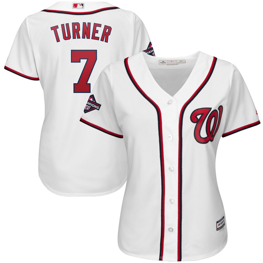 Washington Nationals #7 Trea Turner Majestic Women's 2019 World Series Champions Home Cool Base Patch Player Jersey White Washington Nationals #7 Trea Turner Majestic Women's 2019 World Series Champions Home Cool Base Patch Player Jersey White