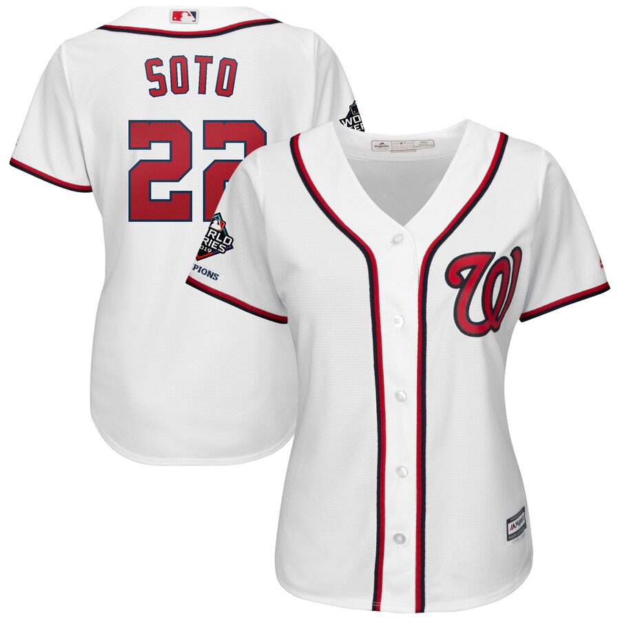 Washington Nationals #22 Juan Soto Majestic Women's 2019 World Series Champions Home Official Cool Base Bar Patch Player Jersey White Washington Nationals #22 Juan Soto Majestic Women's 2019 World Series Champions Home Official Cool Base Bar Patch Player Jersey White