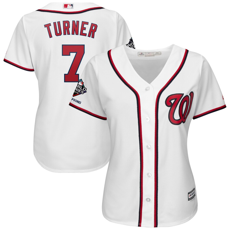 Washington Nationals #7 Trea Turner Majestic Women's 2019 World Series Champions Home Official Cool Base Bar Patch Player Jersey White Washington Nationals #7 Trea Turner Majestic Women's 2019 World Series Champions Home Official Cool Base Bar Patch Player Jersey White