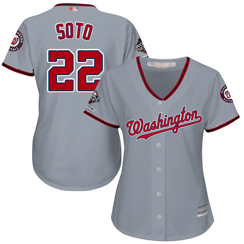 Nationals #22 Juan Soto Grey Road 2019 World Series Champions Women's Stitched MLB Jersey