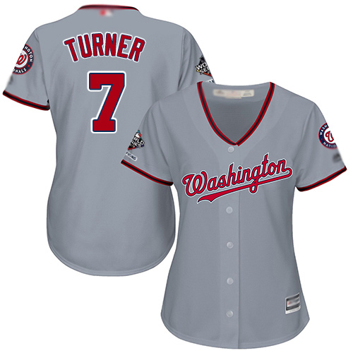 Nationals #7 Trea Turner Grey Road 2019 World Series Champions Women's Stitched MLB Jersey
