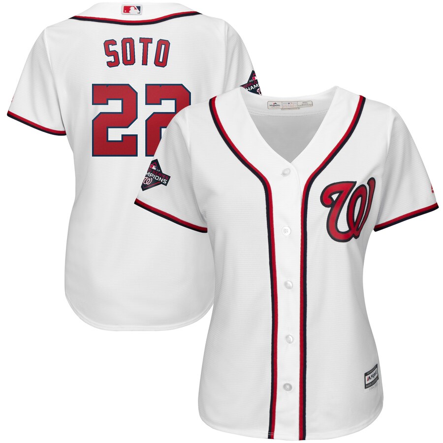 Washington Nationals #22 Juan Soto Majestic Women's 2019 World Series Champions Home Cool Base Patch Player Jersey White Washington Nationals #22 Juan Soto Majestic Women's 2019 World Series Champions Home Cool Base Patch Player Jersey White
