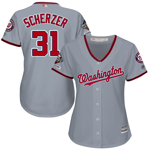 Nationals #31 Max Scherzer Grey Road 2019 World Series Champions Women's Stitched MLB Jersey Nationals #31 Max Scherzer Grey Road 2019 World Series Champions Women's Stitched MLB Jersey