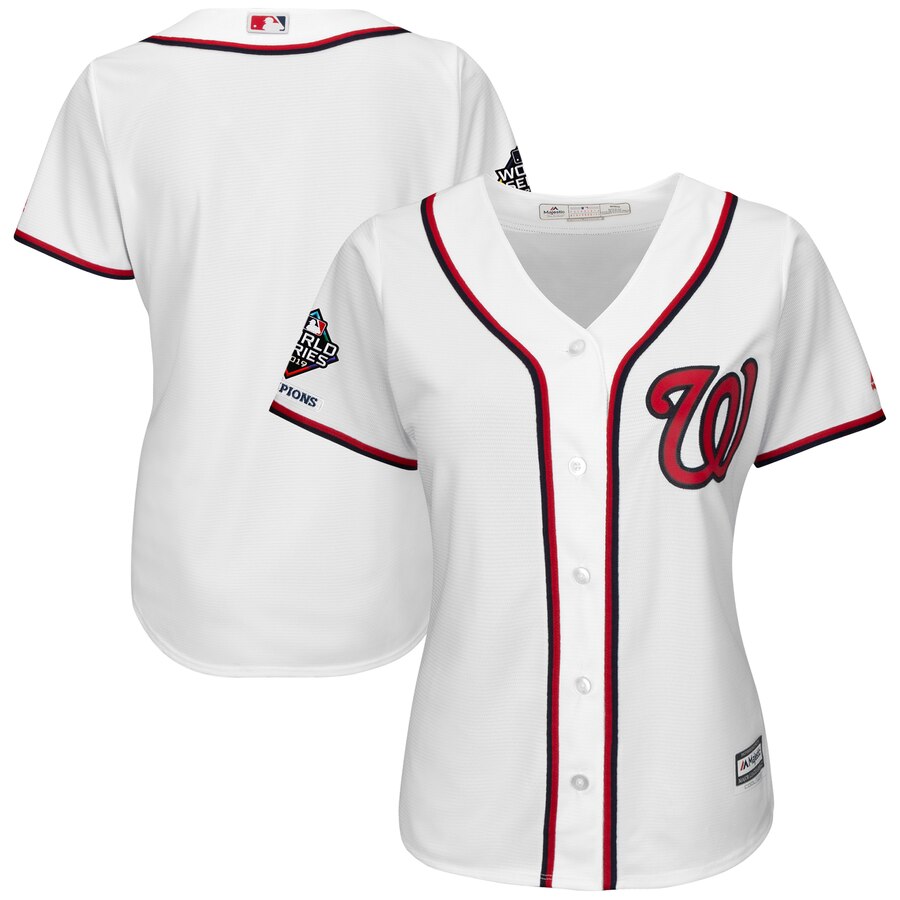 Washington Nationals Majestic Women's 2019 World Series Champions Home Official Cool Base Bar Patch Jersey White Washington Nationals Majestic Women's 2019 World Series Champions Home Official Cool Base Bar Patch Jersey White