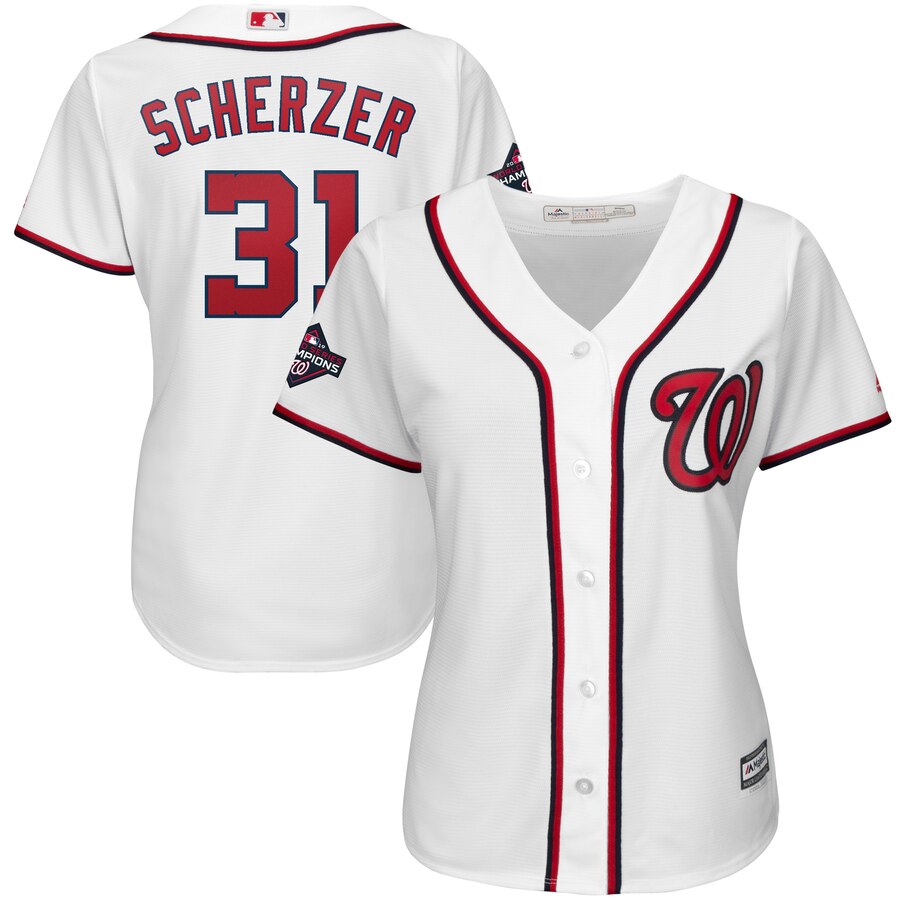 Washington Nationals #31 Max Scherzer Majestic Women's 2019 World Series Champions Home Cool Base Patch Player Jersey White Washington Nationals #31 Max Scherzer Majestic Women's 2019 World Series Champions Home Cool Base Patch Player Jersey White