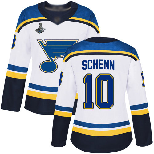 Adidas Blues #10 Brayden Schenn White Road Authentic Stanley Cup Champions Women's Stitched NHL Jersey