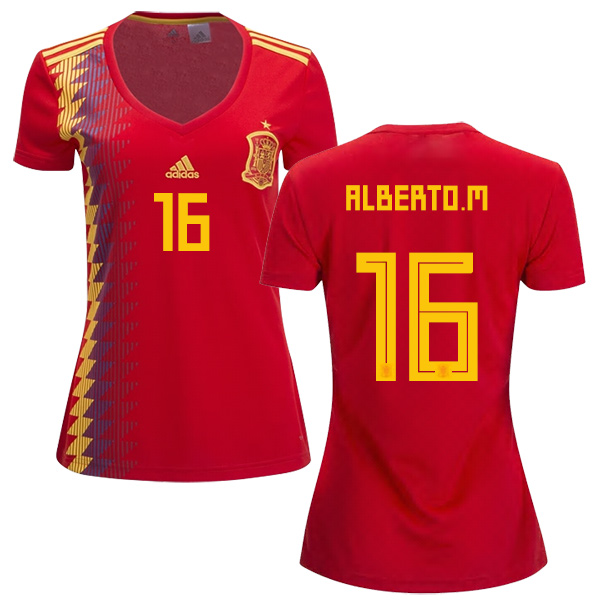 Women's Spain #16 Alberto M. Red Home Soccer Country Jersey Women's Spain #16 Alberto M. Red Home Soccer Country Jersey