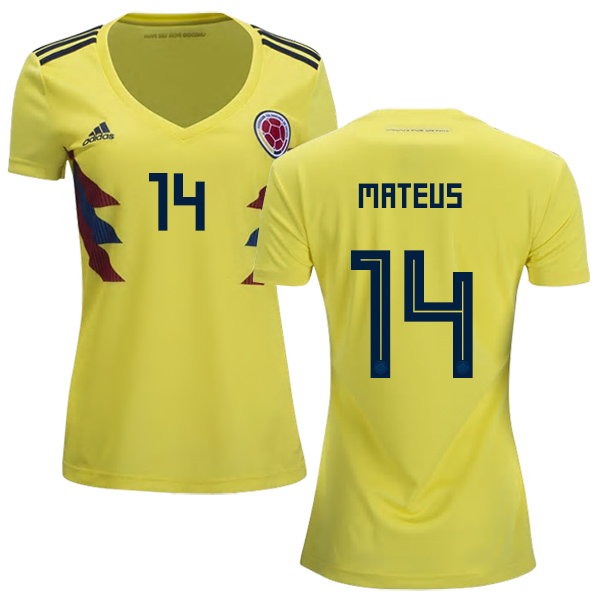 Women's Colombia #14 Mateus Home Soccer Country Jersey Women's Colombia #14 Mateus Home Soccer Country Jersey