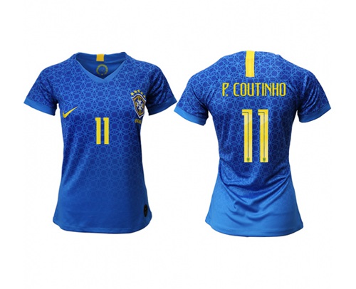 Women's Brazil #11 P.Coutinho Away Soccer Country Jersey Women's Brazil #11 P.Coutinho Away Soccer Country Jersey