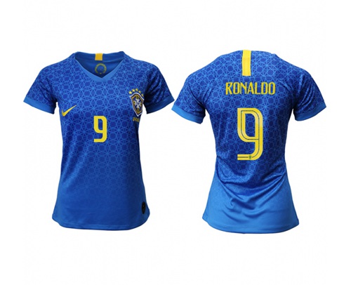 Women's Brazil #9 Ronaldo Away Soccer Country Jersey Women's Brazil #9 Ronaldo Away Soccer Country Jersey