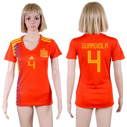 Women's Spain #4 Guardiola Red Home Soccer Country Jersey Women's Spain #4 Guardiola Red Home Soccer Country Jersey