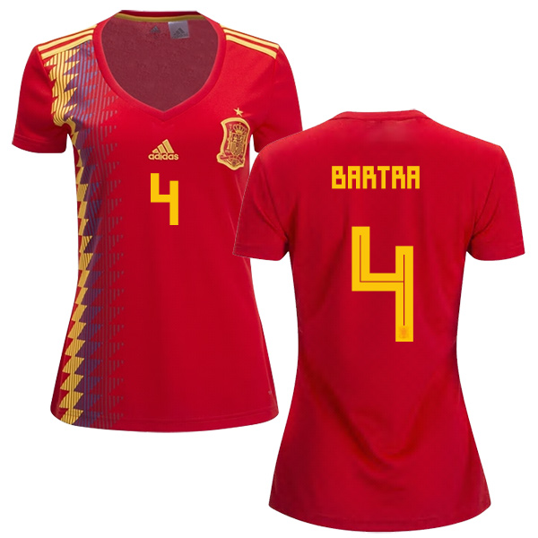 Women's Spain #4 Bartra Red Home Soccer Country Jersey Women's Spain #4 Bartra Red Home Soccer Country Jersey