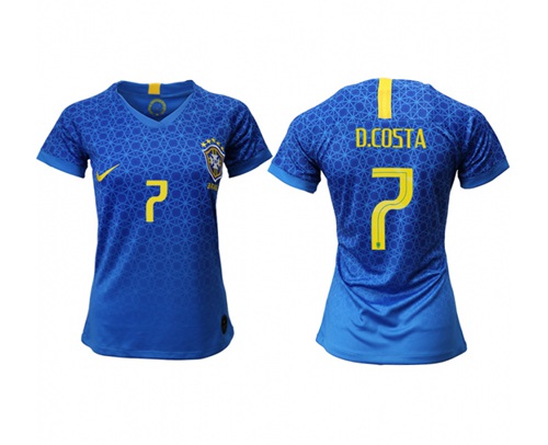 Women's Brazil #7 D. Costa Away Soccer Country Jersey Women's Brazil #7 D. Costa Away Soccer Country Jersey
