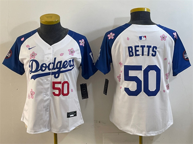 Women's Los Angeles Dodgers #50 Mookie Betts White/Royal 2025 Tokyo Series Limited Stitched Baseball Jersey(Run Small)