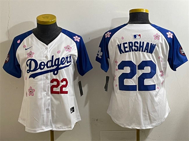 Women's Los Angeles Dodgers #22 Clayton Kershaw White/Royal 2025 Tokyo Series Limited Stitched Baseball Jersey(Run Small) Women's Los Angeles Dodgers #22 Clayton Kershaw White/Royal 2025 Tokyo Series Limited Stitched Baseball Jersey(Run Small)