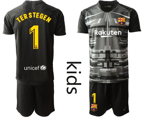 Barcelona #1 Ter Stegen Black Goalkeeper Kid Soccer Club Jersey