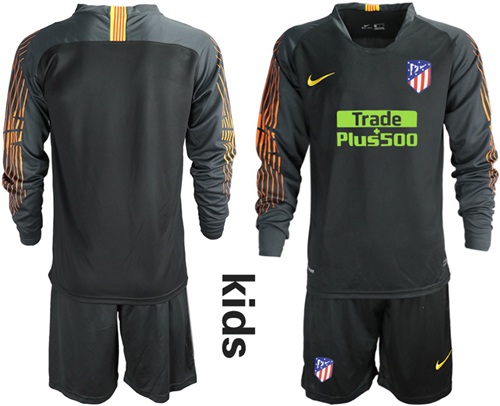 Atletico Madrid Blank Black Goalkeeper Long Sleeves Kid Soccer Club Jersey