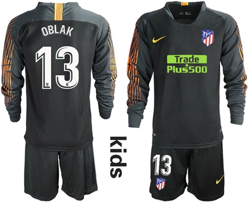 Atletico Madrid #13 Oblak Black Goalkeeper Long Sleeves Kid Soccer Club Jersey