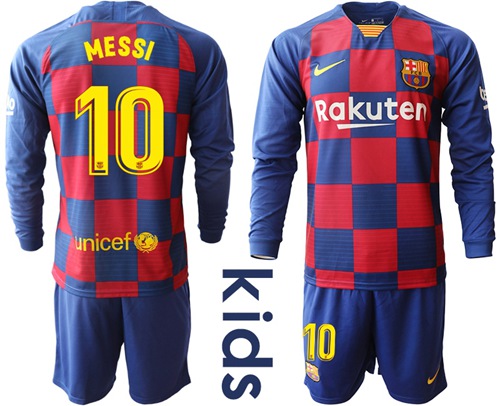 Barcelona #10 Messi Home Long Sleeves Kid Soccer Club Jersey