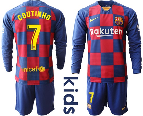 Barcelona #7 Coutinho Home Long Sleeves Kid Soccer Club Jersey Barcelona #7 Coutinho Home Long Sleeves Kid Soccer Club Jersey