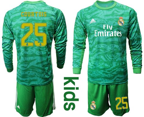 Real Madrid #25 Courtois Green Goalkeeper Long Sleeves Kid Soccer Club Jersey