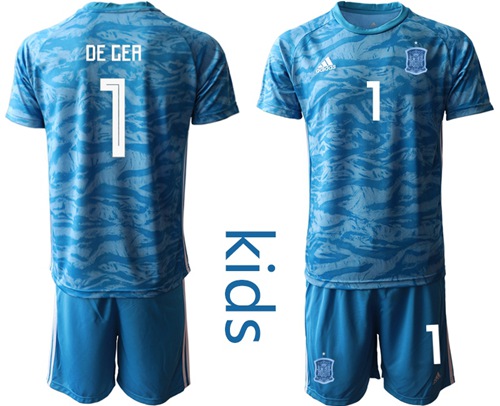 Spain #1 De Gea Blue Goalkeeper Kid Soccer Country Jersey