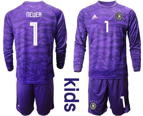 Germany #1 Neuer Purple Goalkeeper Long Sleeves Kid Soccer Country Jersey