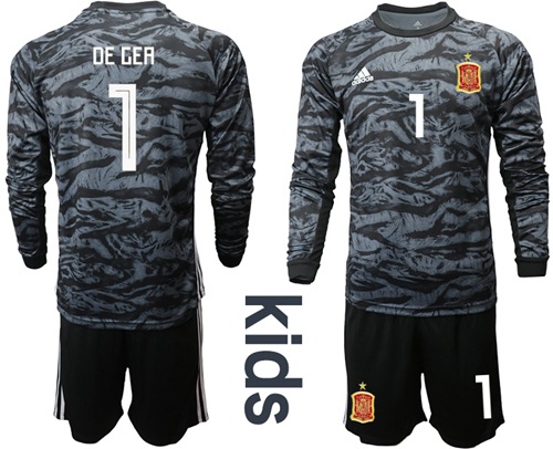 Spain #1 De Gea Black Long Sleeves Goalkeeper Kid Soccer Country Jersey