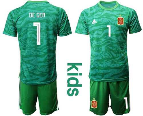 Spain #1 De Gea Green Goalkeeper Kid Soccer Country Jersey Spain #1 De Gea Green Goalkeeper Kid Soccer Country Jersey