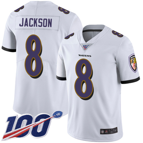 Nike Ravens #8 Lamar Jackson White Youth Stitched NFL 100th Season Vapor Limited Jersey Nike Ravens #8 Lamar Jackson White Youth Stitched NFL 100th Season Vapor Limited Jersey