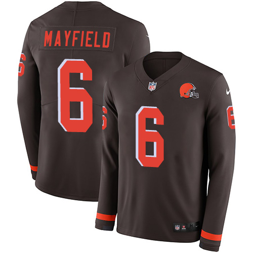 Nike Browns #6 Baker Mayfield Brown Team Color Youth Stitched NFL Limited Therma Long Sleeve Jersey Nike Browns #6 Baker Mayfield Brown Team Color Youth Stitched NFL Limited Therma Long Sleeve Jersey