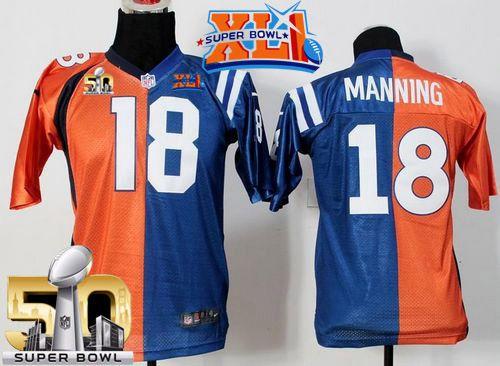 Nike Colts #18 Peyton Manning Orange/Blue Super Bowl XLI & Super Bowl 50 Youth Stitched NFL Elite Split Broncos Jersey Nike Colts #18 Peyton Manning Orange/Blue Super Bowl XLI & Super Bowl 50 Youth Stitched NFL Elite Split Broncos Jersey