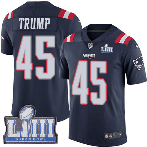 Nike Patriots #45 Donald Trump Navy Blue Super Bowl LIII Bound Youth Stitched NFL Limited Rush Jersey Nike Patriots #45 Donald Trump Navy Blue Super Bowl LIII Bound Youth Stitched NFL Limited Rush Jersey