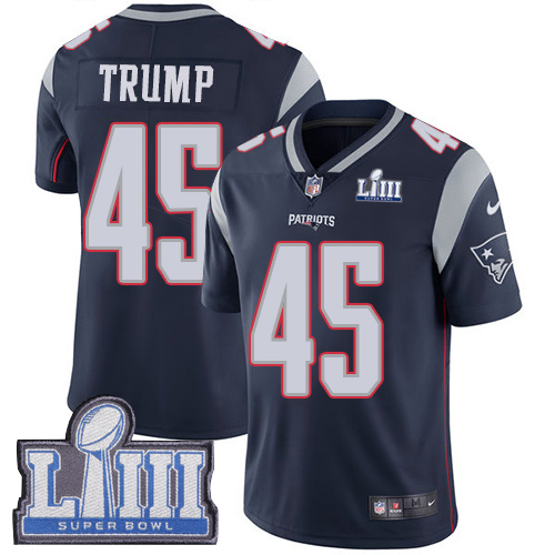 Nike Patriots #45 Donald Trump Navy Blue Team Color Super Bowl LIII Bound Youth Stitched NFL Vapor Untouchable Limited Jersey Nike Patriots #45 Donald Trump Navy Blue Team Color Super Bowl LIII Bound Youth Stitched NFL Vapor Untouchable Limited Jersey