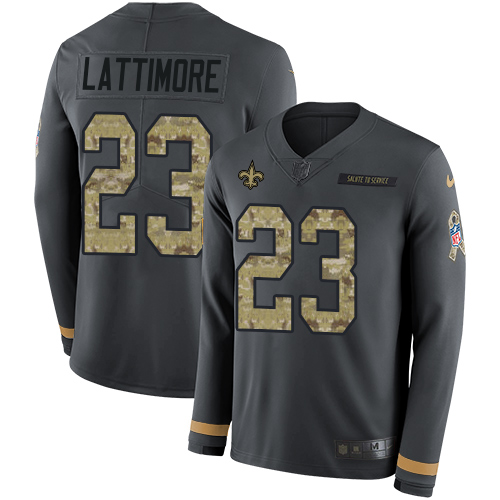Nike Saints #23 Marshon Lattimore Anthracite Salute to Service Youth Stitched NFL Limited Therma Long Sleeve Jersey Nike Saints #23 Marshon Lattimore Anthracite Salute to Service Youth Stitched NFL Limited Therma Long Sleeve Jersey