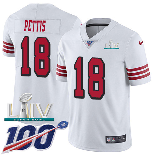 Nike 49ers #18 Dante Pettis White Super Bowl LIV 2020 Rush Youth Stitched NFL Limited 100th Season Jersey Nike 49ers #18 Dante Pettis White Super Bowl LIV 2020 Rush Youth Stitched NFL Limited 100th Season Jersey