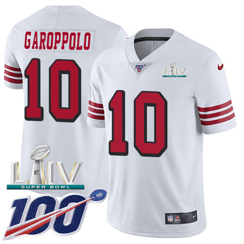 Nike 49ers #10 Jimmy Garoppolo White Super Bowl LIV 2020 Rush Youth Stitched NFL Limited 100th Season Jersey Nike 49ers #10 Jimmy Garoppolo White Super Bowl LIV 2020 Rush Youth Stitched NFL Limited 100th Season Jersey