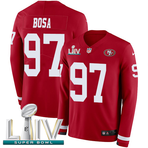 Nike 49ers #97 Nick Bosa Red Super Bowl LIV 2020 Team Color Youth Stitched NFL Limited Therma Long Sleeve Jersey Nike 49ers #97 Nick Bosa Red Super Bowl LIV 2020 Team Color Youth Stitched NFL Limited Therma Long Sleeve Jersey