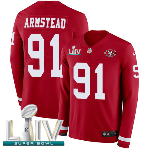 Nike 49ers #91 Arik Armstead Red Super Bowl LIV 2020 Team Color Youth Stitched NFL Limited Therma Long Sleeve Jersey Nike 49ers #91 Arik Armstead Red Super Bowl LIV 2020 Team Color Youth Stitched NFL Limited Therma Long Sleeve Jersey