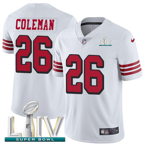 Nike 49ers #26 Tevin Coleman White Super Bowl LIV 2020 Rush Youth Stitched NFL Vapor Untouchable Limited Jersey Nike 49ers #26 Tevin Coleman White Super Bowl LIV 2020 Rush Youth Stitched NFL Vapor Untouchable Limited Jersey