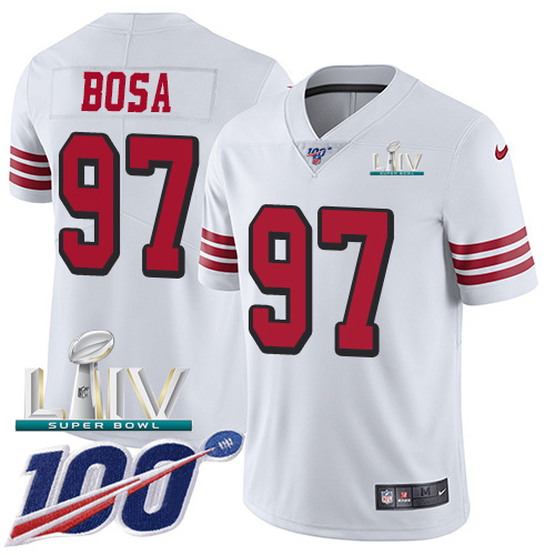 Nike 49ers #97 Nick Bosa White Super Bowl LIV 2020 Rush Youth Stitched NFL Limited 100th Season Jersey Nike 49ers #97 Nick Bosa White Super Bowl LIV 2020 Rush Youth Stitched NFL Limited 100th Season Jersey